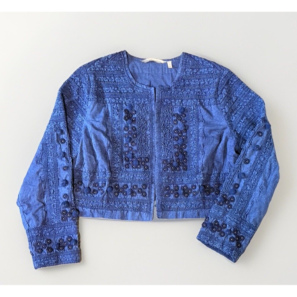 SOFT SURROUNDINGS Theodora Bolero Size M Navy Blue Embroidered Beaded Jacket Art